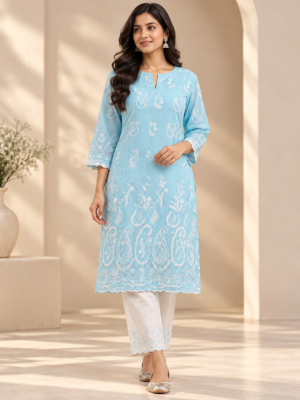 Blue Floral & Paisley Embroidered P.C Voile Fabric