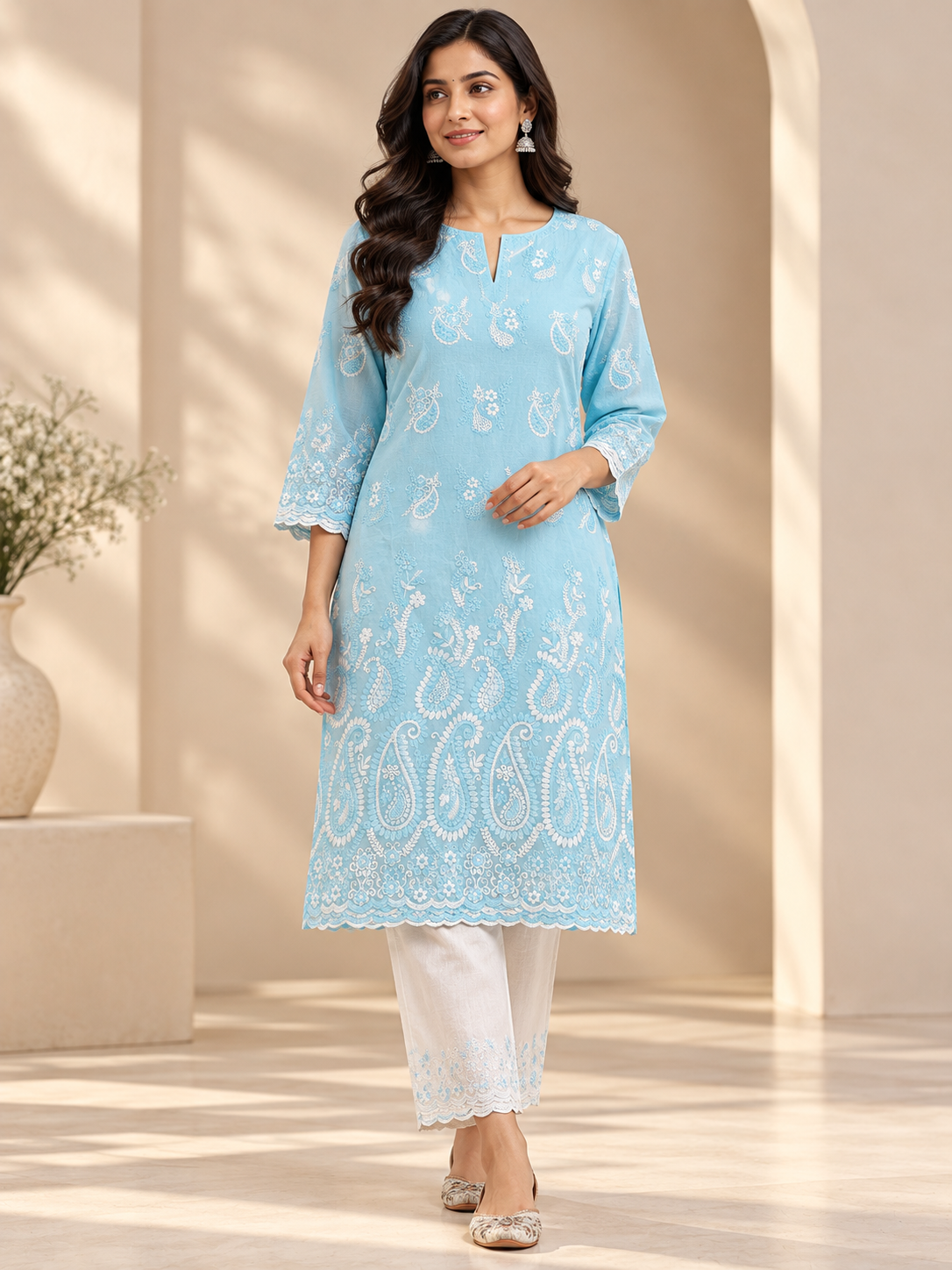 Blue Floral & Paisley Embroidered P.C Voile Fabric - Image 3