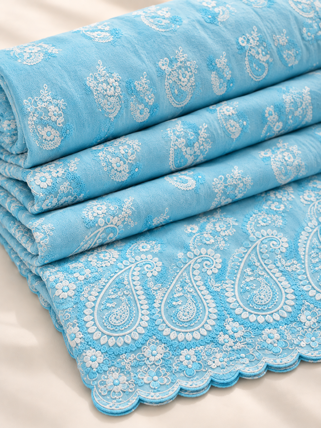 Blue Floral & Paisley Embroidered P.C Voile Fabric - Image 4