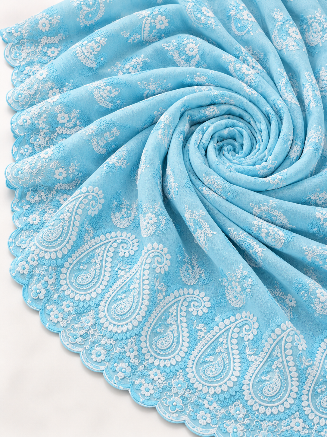 Blue Floral & Paisley Embroidered P.C Voile Fabric - Image 5