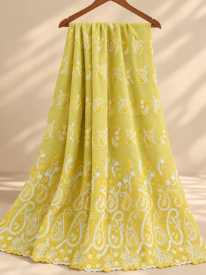Lemon Yellow Floral & Paisley Embroidered P.C Voile Fabric