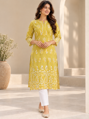 Lemon Yellow Floral & Paisley Embroidered P.C Voile Fabric