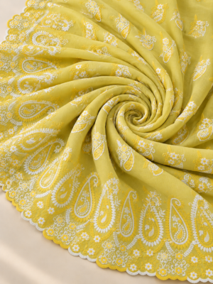 Lemon Yellow Floral & Paisley Embroidered P.C Voile Fabric