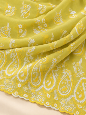 Lemon Yellow Floral & Paisley Embroidered P.C Voile Fabric