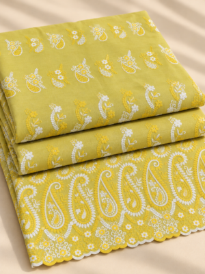 Lemon Yellow Floral & Paisley Embroidered P.C Voile Fabric