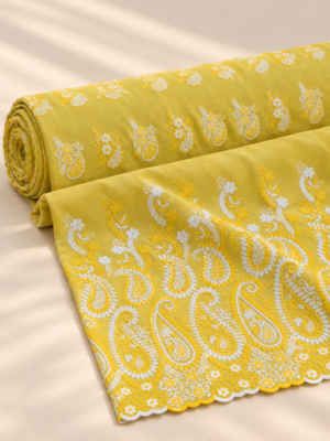 Lemon Yellow Floral & Paisley Embroidered P.C Voile Fabric