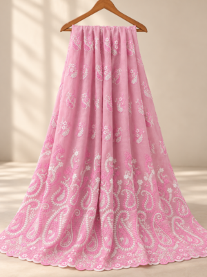 Pink Floral & Paisley Embroidered Voile Fabric With Scalloped Border