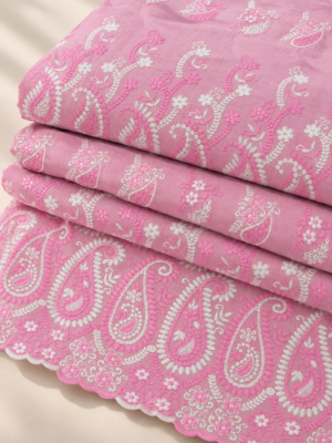 Pink Floral & Paisley Embroidered Voile Fabric With Scalloped Border