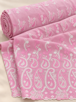 Pink Floral & Paisley Embroidered Voile Fabric With Scalloped Border