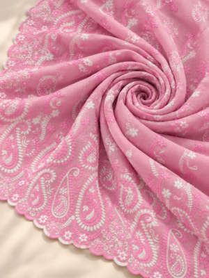 Pink Floral & Paisley Embroidered Voile Fabric With Scalloped Border