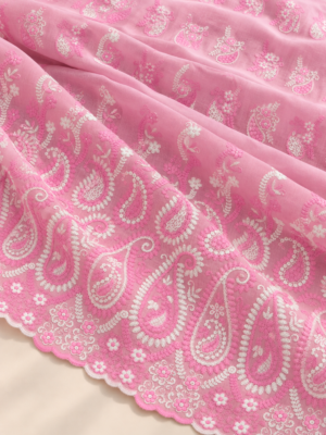 Pink Floral & Paisley Embroidered Voile Fabric With Scalloped Border