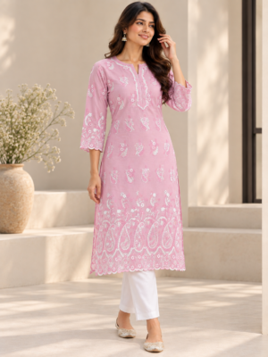 Pink Floral & Paisley Embroidered Voile Fabric With Scalloped Border