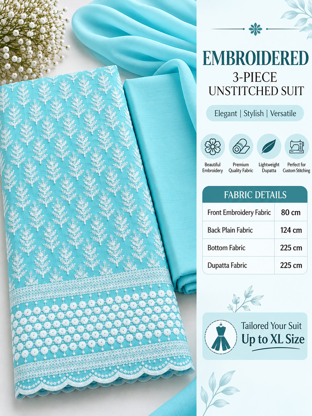 Blue Embroidered 3-Piece Unstitched Suit