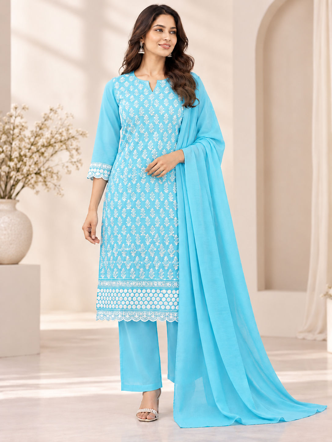 Blue Embroidered 3-Piece Unstitched Suit - Image 2