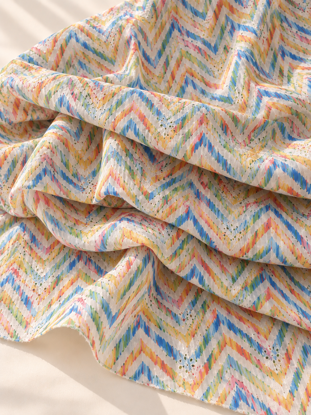 Multicolour Chevron Print Cotton Fabric with Embroidered Eyelet Details - Image 2
