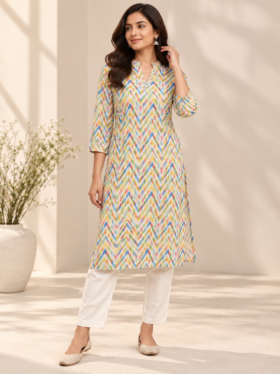 Multicolour Chevron Print Cotton Fabric with Embroidered Eyelet Details - Image 3