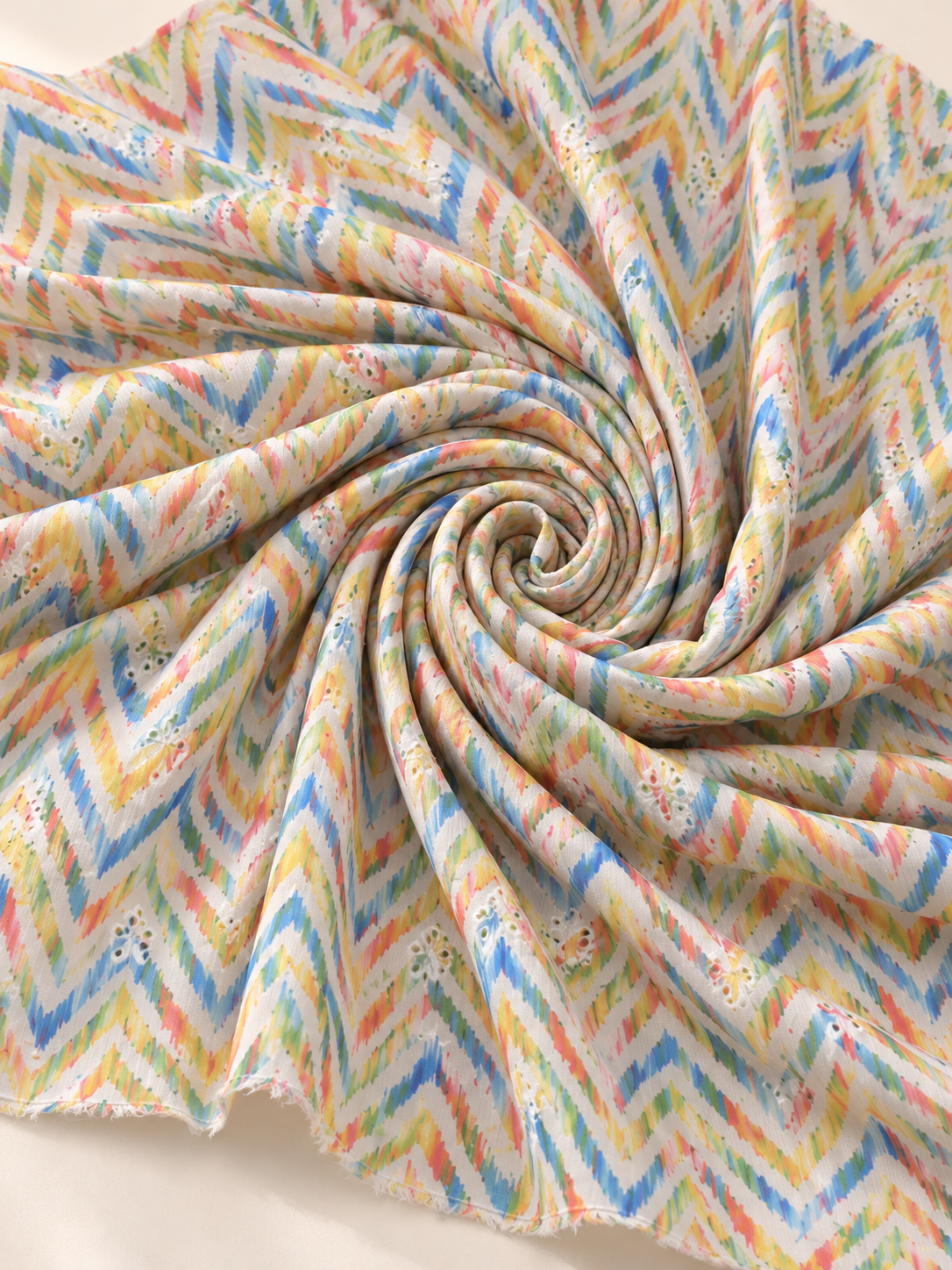Multicolour Chevron Print Cotton Fabric with Embroidered Eyelet Details