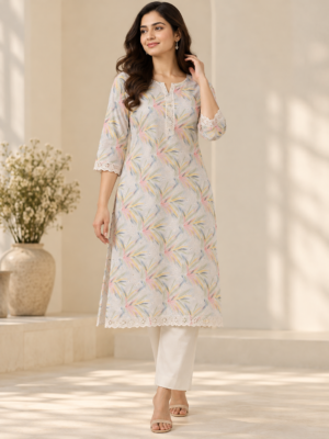 Pastel Cream Botanical Leaf Printed Embroidered Fabric