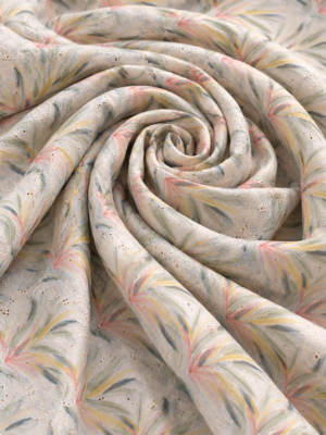 Pastel Cream Botanical Leaf Printed Embroidered Fabric