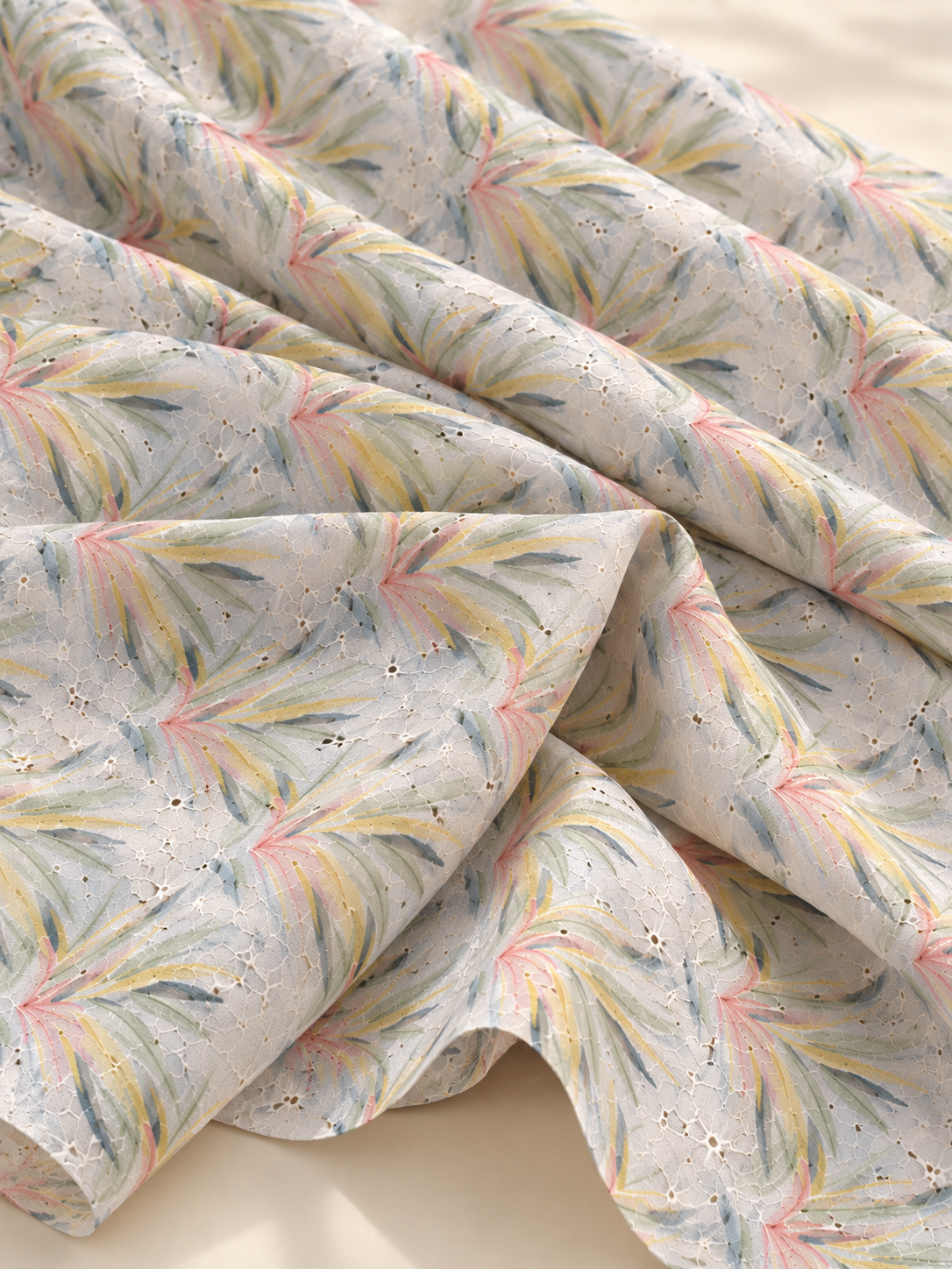 Pastel Cream Botanical Leaf Printed Embroidered Fabric - Image 3
