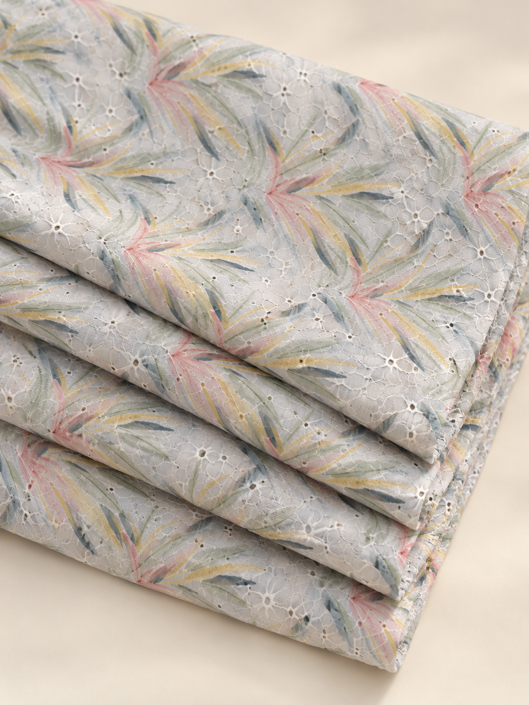 Pastel Cream Botanical Leaf Printed Embroidered Fabric - Image 4