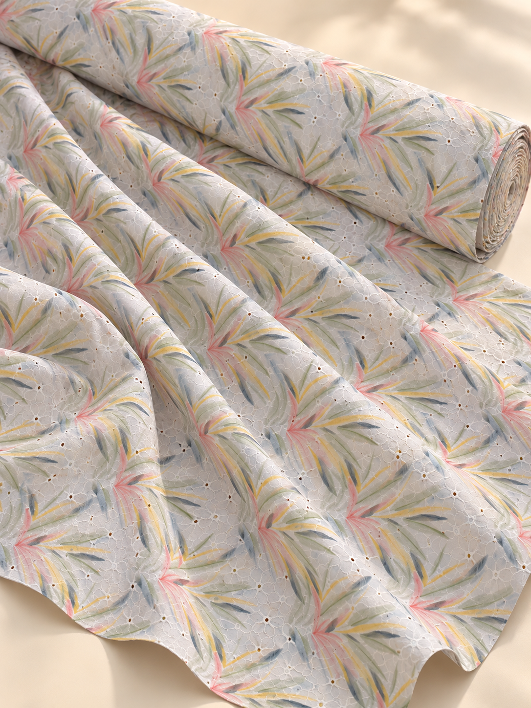 Pastel Cream Botanical Leaf Printed Embroidered Fabric