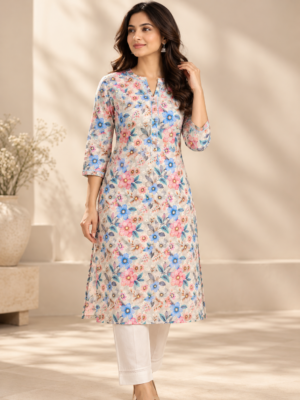 Cream Multi Color Floral Printed Eyelet Embroidery Fabric