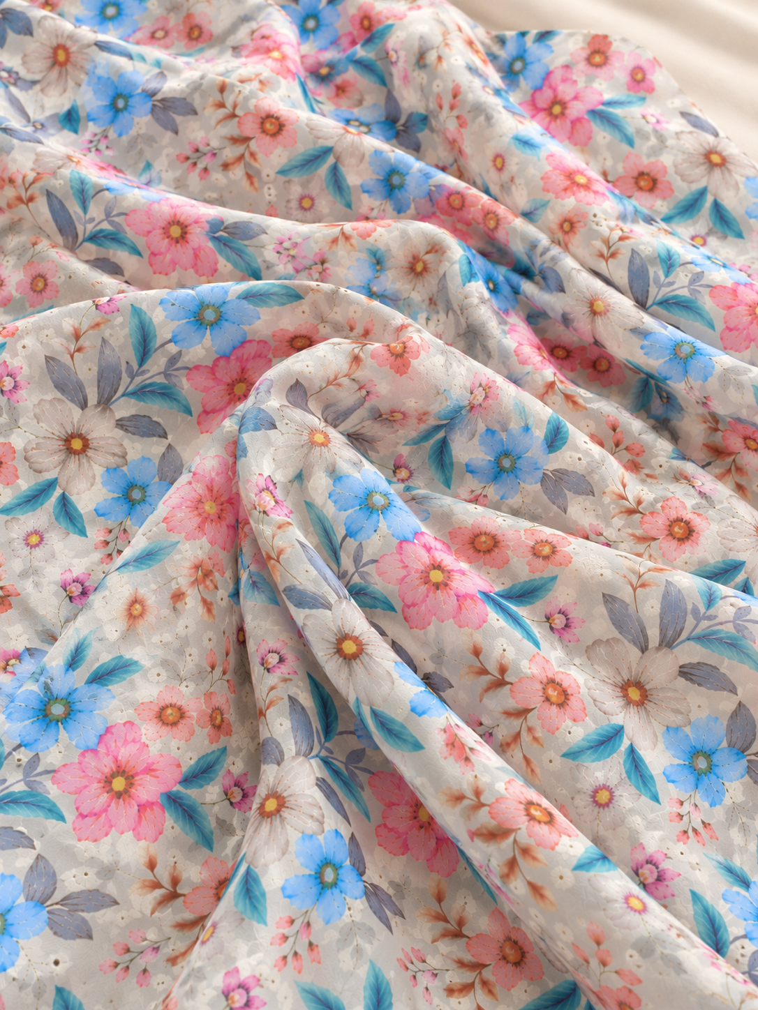 Cream Multi Color Floral Printed Eyelet Embroidery Fabric - Image 3