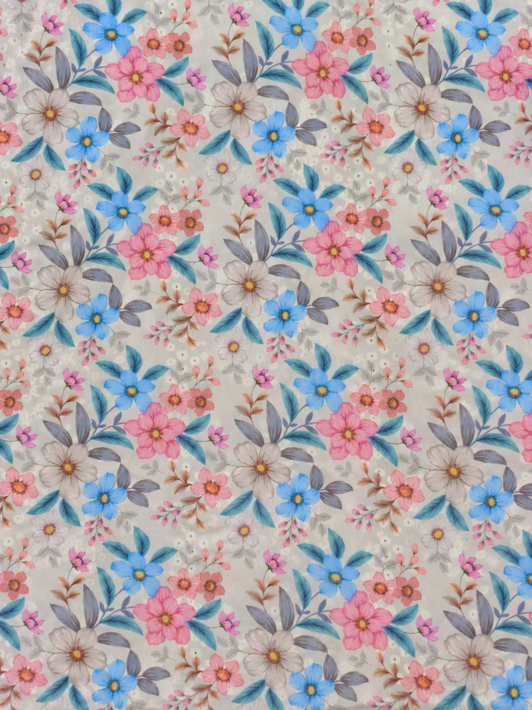Cream Multi Color Floral Printed Eyelet Embroidery Fabric - Image 4