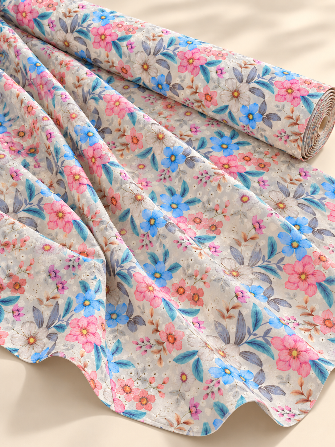 Cream Multi Color Floral Printed Eyelet Embroidery Fabric - Image 5