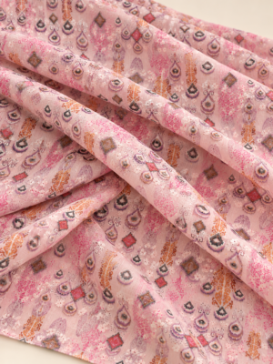 Pastel Pink Ethnic Ornamental Printed Eyelet Embroidery Fabric