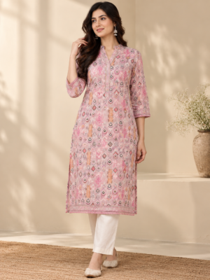 Pastel Pink Ethnic Ornamental Printed Eyelet Embroidery Fabric