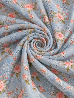 Sky Blue Floral Printed Eyelet Embroidery Fabric