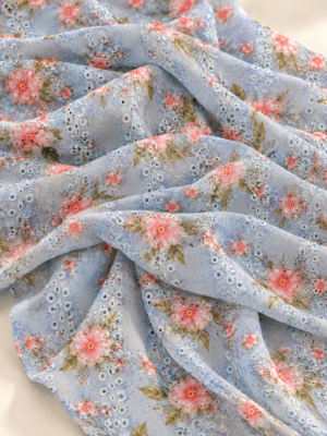 Sky Blue Floral Printed Eyelet Embroidery Fabric