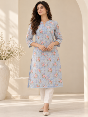 Sky Blue Floral Printed Eyelet Embroidery Fabric