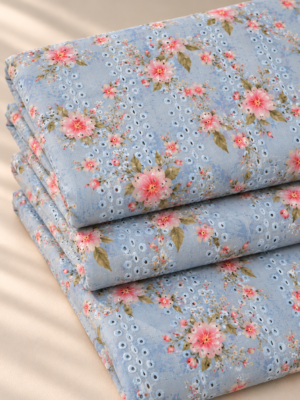Sky Blue Floral Printed Eyelet Embroidery Fabric