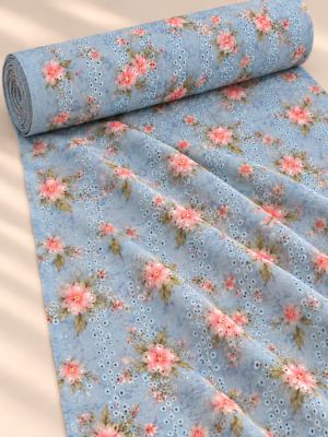 Sky Blue Floral Printed Eyelet Embroidery Fabric