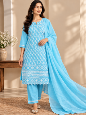 Blue Embroidered 3-Piece Unstitched Suit