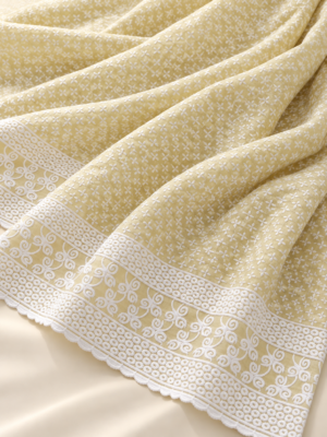 Yellow Rayon Embroidered Fabric with White Border