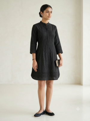 Black Cotton Embroidered Fabric – Intricate Schiffli & Border Detail