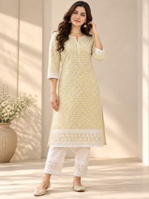 Yellow Rayon Embroidered Fabric with White Border