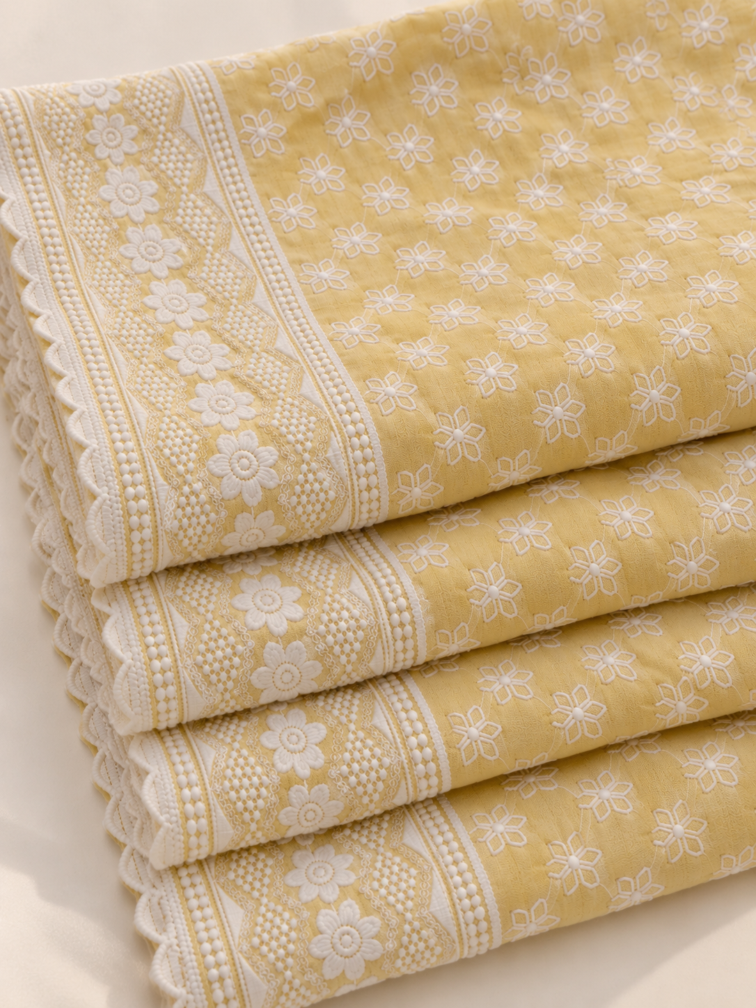 Pastel Yellow Floral Embroidered Reyon Fabric with Designer Border - Image 2