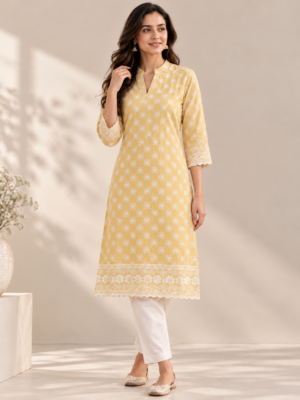 Pastel Yellow Floral Embroidered Reyon Fabric with Designer Border