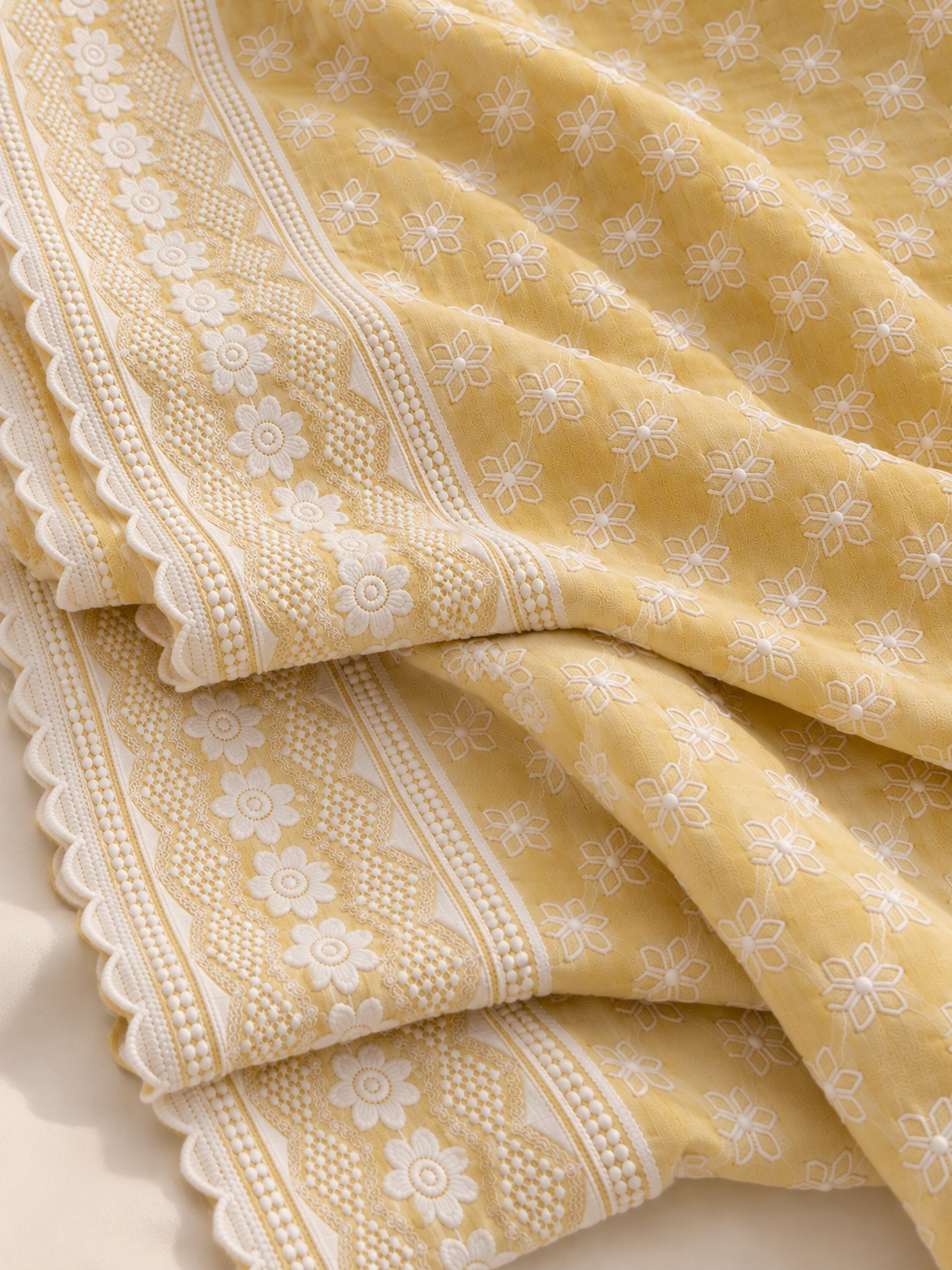Pastel Yellow Floral Embroidered Reyon Fabric with Designer Border - Image 4