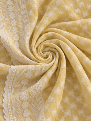 Pastel Yellow Floral Embroidered Reyon Fabric with Designer Border