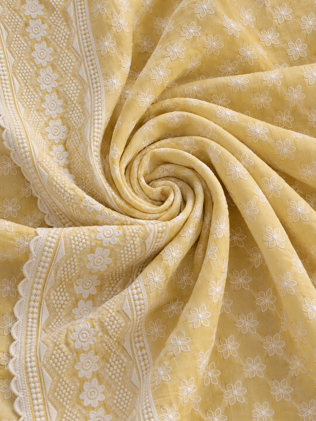 Pastel Yellow Floral Embroidered Reyon Fabric with Designer Border