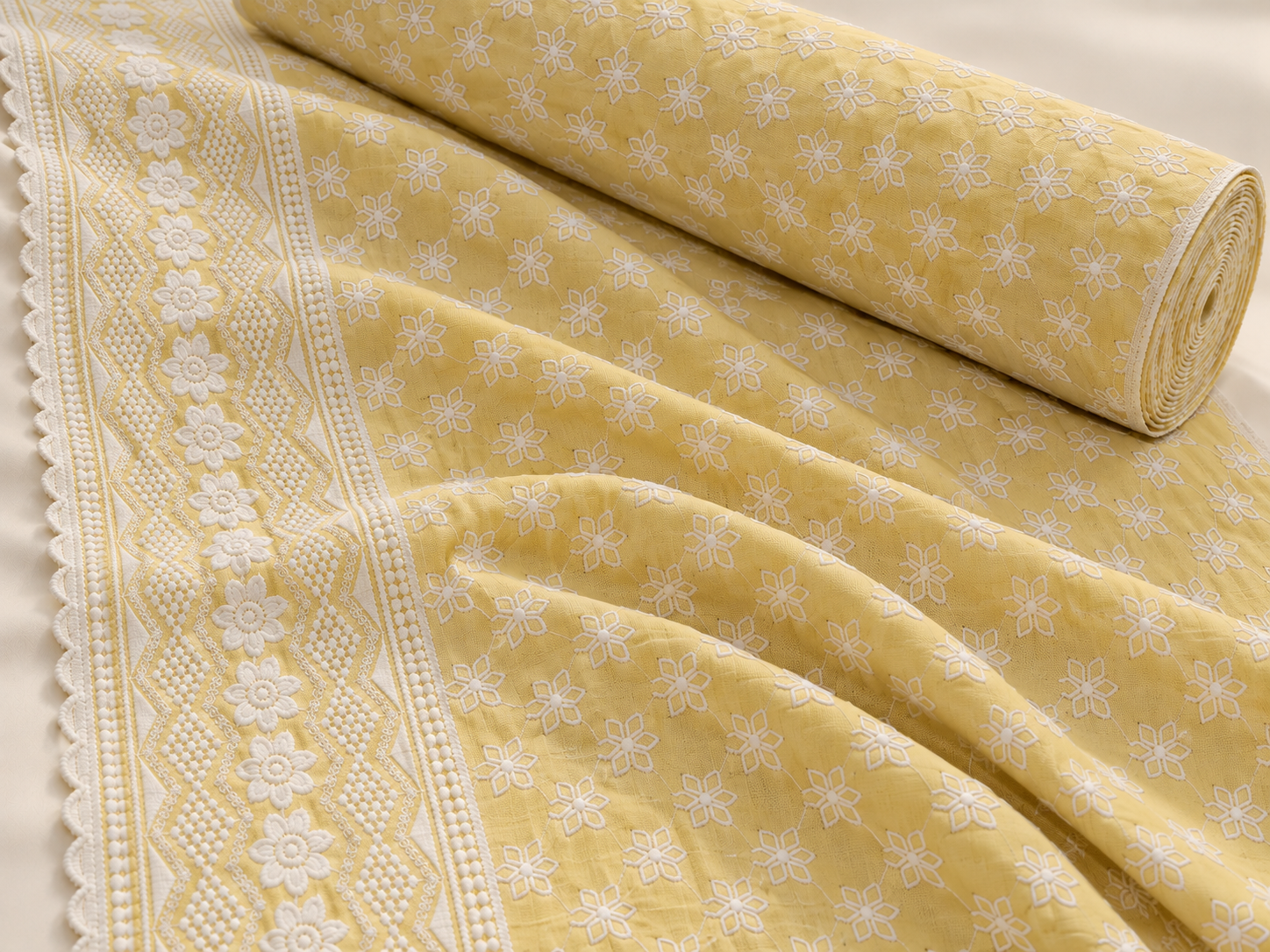 Pastel Yellow Floral Embroidered Reyon Fabric with Designer Border - Image 5