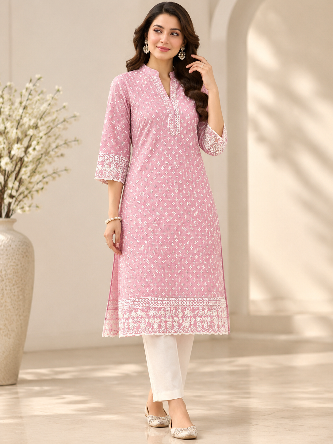 Pink Floral Embroidered Reyon Fabric with Designer Border - Image 2