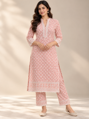 Peach Floral Embroidered Reyon Fabric with Designer Border