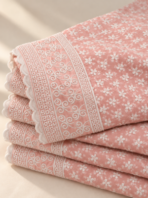 Peach Floral Embroidered Reyon Fabric with Designer Border